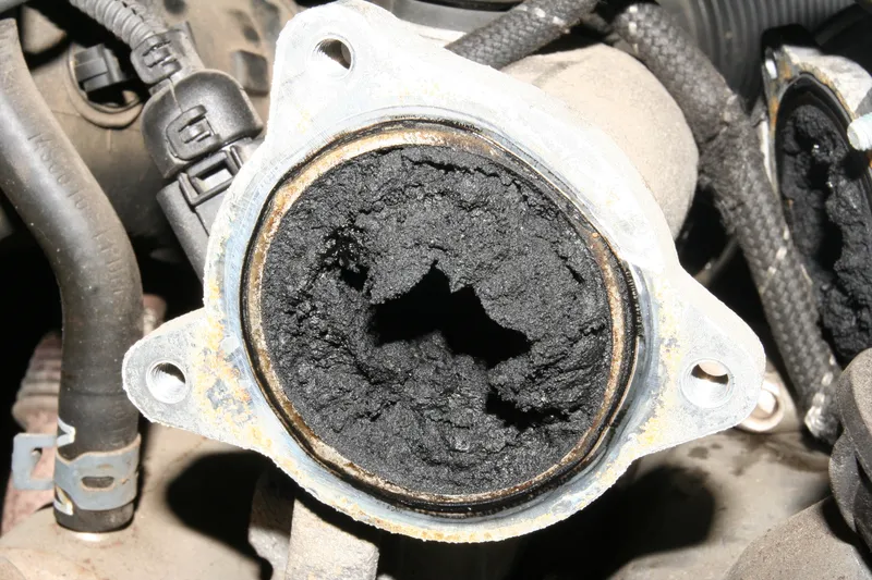 Close-up of a clogged EGR valve with carbon build-up